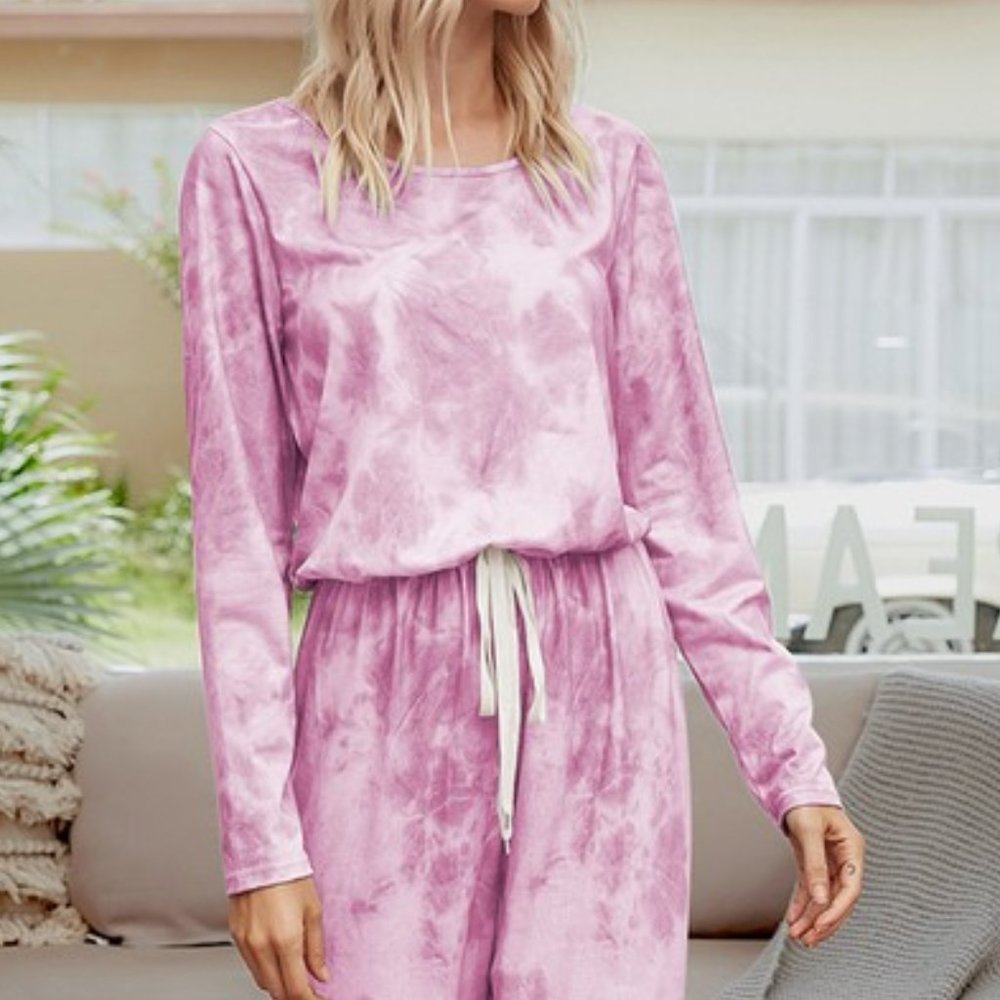 Pink and White Tie Dye Keyhole Tie Waist Jumpsuit - Picture 2 of 6